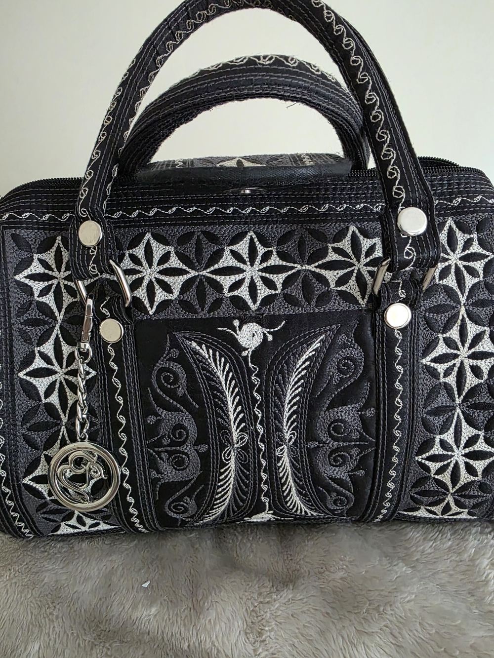 Black Embroidered Top-Handle Shoulder Bag with Silver Accents